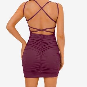 Brand New Halara Dress Fig Crisscross Backless Ruched Casual Dress Size: S